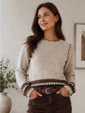 Christopher & Banks Oatmeal Embroidered Sweater Boho Cozy Knit Sz L